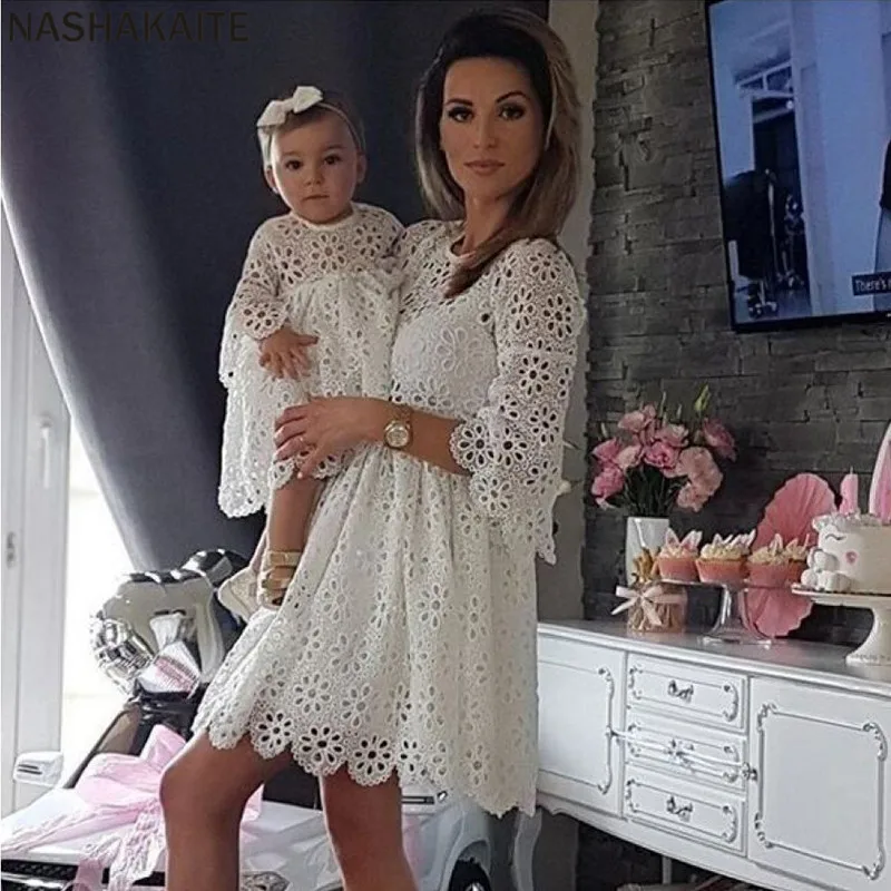 

NASHAKAITE Mother Daughter Dresses Three Quarter sexy Lace Hollow Ruffled Mini Dress Mommy and Kids Family Matching Clothes