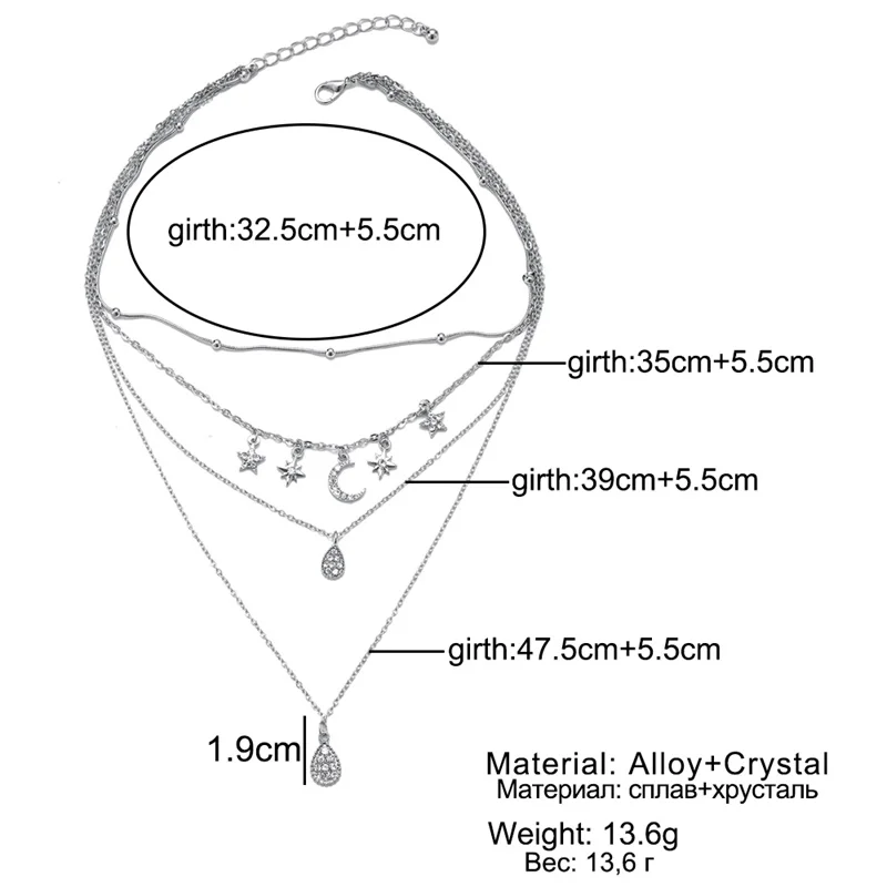 Богемное модное колье с кристаллами, лунными звездами, капельками, многослойное ожерелье с подвеской, женские вечерние, свадебные,, простые ювелирные изделия