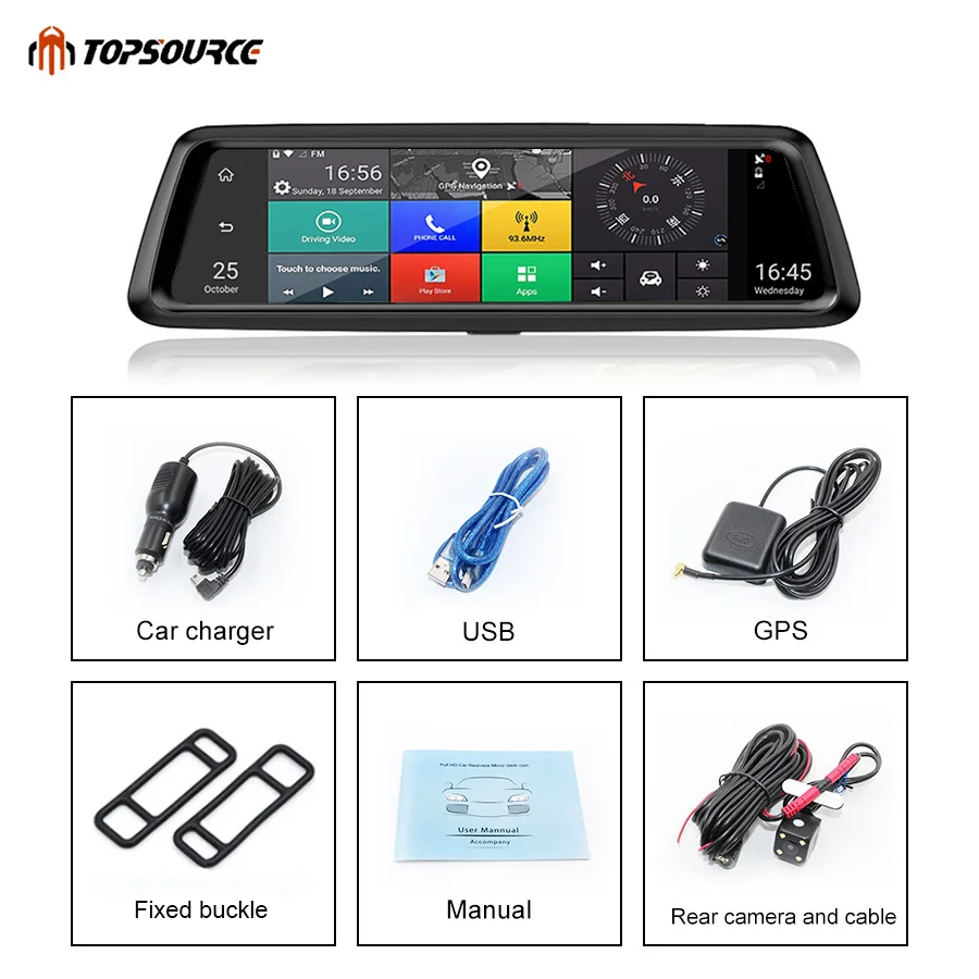TOPSOURCE 10 &quotFull Touch Автомобильный видеорегистратор зеркало заднего вида Android 3G 4G GPS