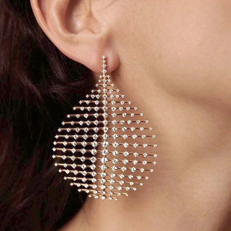 1PC Elegant Women Exaggerated Water Drop Hollow Rhinestone Pendant Earrings Party Banquet Jewelry Gift New