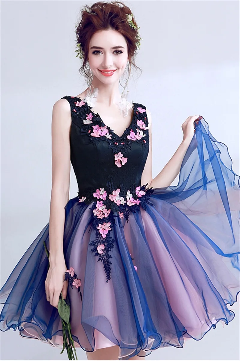 Фиолетовое сексуальное бальное платье v-образным вырезом кружева Цветы Аппликации Жемчуг Короткие вечерние платья невесты банкет Вечеринка Выпускной платье XK54