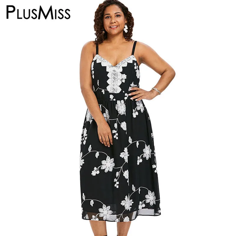 

PlusMiss Plus Size 5XL Lace Crochet Spaghetti Strap Cami Dress 4XL Boho Floral Chiffon Maxi Long Dresses XXXXL XXXL XXL Big Size