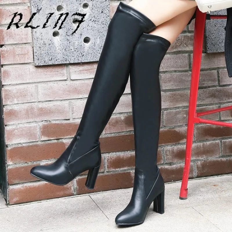 Haute Nouveau Rlinf Femelle Long Tube À blanc Bottes Avec Talons Sur Le Épais Hiver Hauts Genou Noir Élastique AwOUq