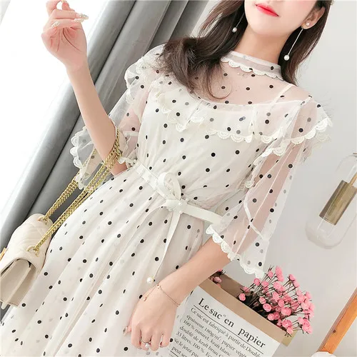 الأزياء 2019 جديد مثير شبكة خليط فضفاض فساتين شيك Flarre كم القوس Vestidos نقطة وجيزة أنيقة خمر Vestidos