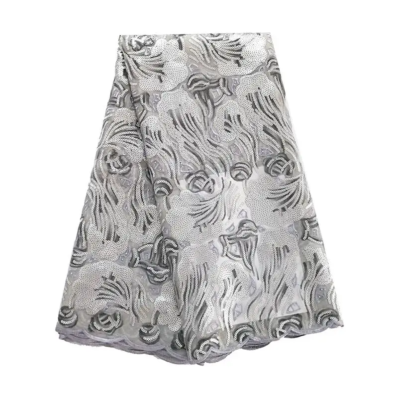 

Beautiful African Lace Fabric 2019 High Quality Lace Embroidered Sequence Silver White Lace Fabric for Sewing Party Dress