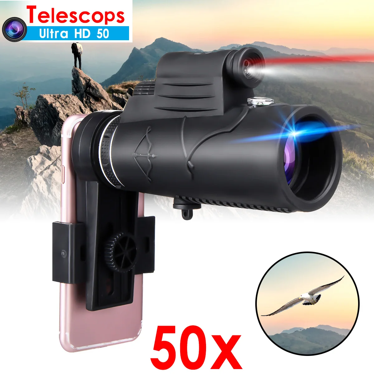 

50x Black Outdoor Hiking Camping HD Optics Monocular Telescope Bird Watching Update With Laser Flashlight Day & Night Vision