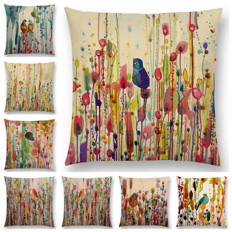 Newest American Style Hand Draw Watercolor Little Birds Pillowcase Floral Home Decor Cushion Cover 25 Designs Available Cushion Cover Designer Cushion Coversdecorative Cushion Covers Aliexpress