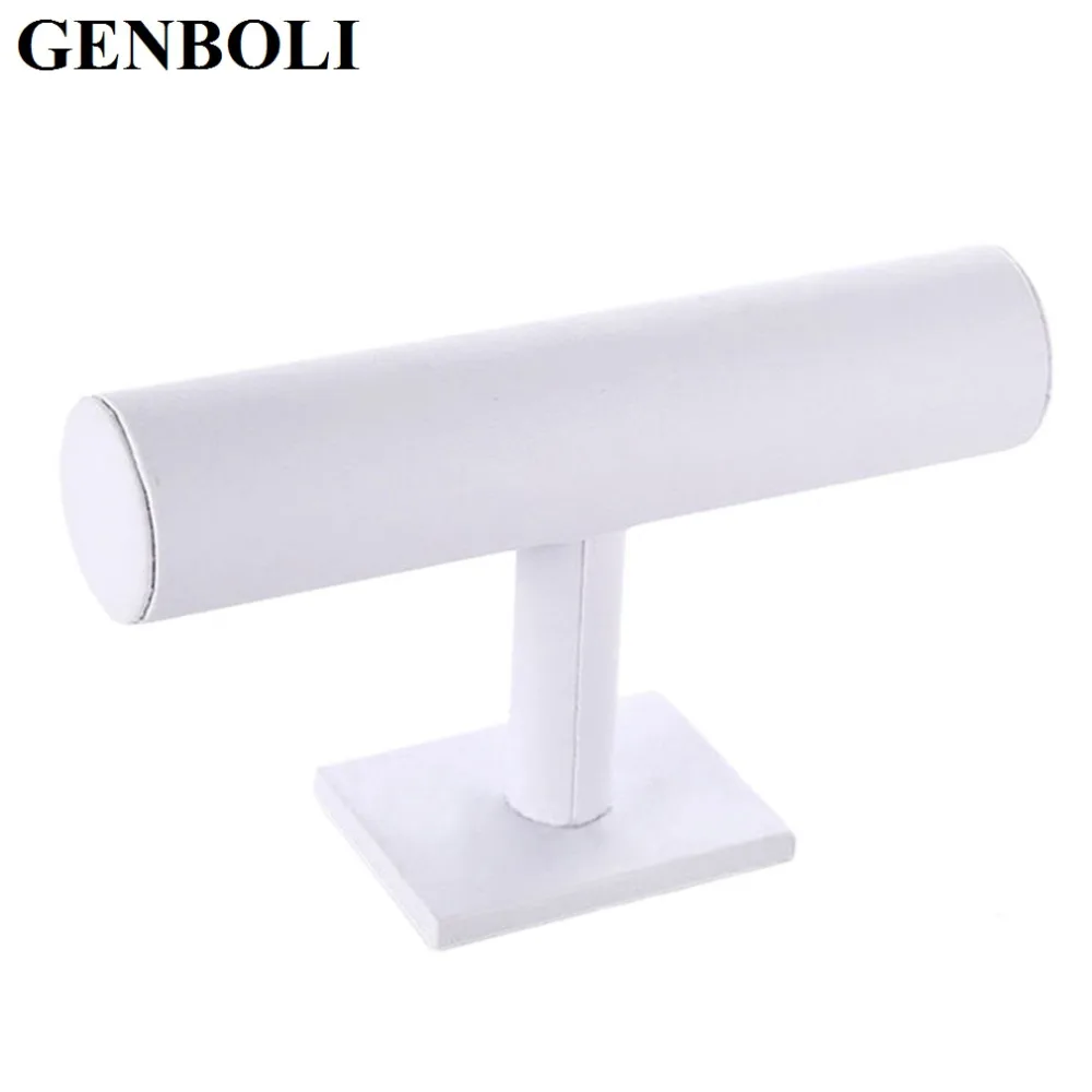 

GENBOLI White Color Velvet & Leather T-Bar Jewelry Rack Bracelet Watch Necklace Stand Organizer Holder Display