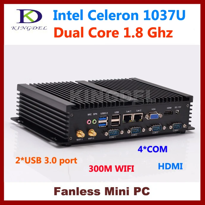 Без вентилятора тонкий клиент HTPC 2 ГБ Оперативная память 64 ГБ SSD с Intel Celeron 1037U двухъядерный Процессор, 2*1000 м LAN, 4 * COM, 2 * USB 3.0 300 м Wi-Fi, HDMI