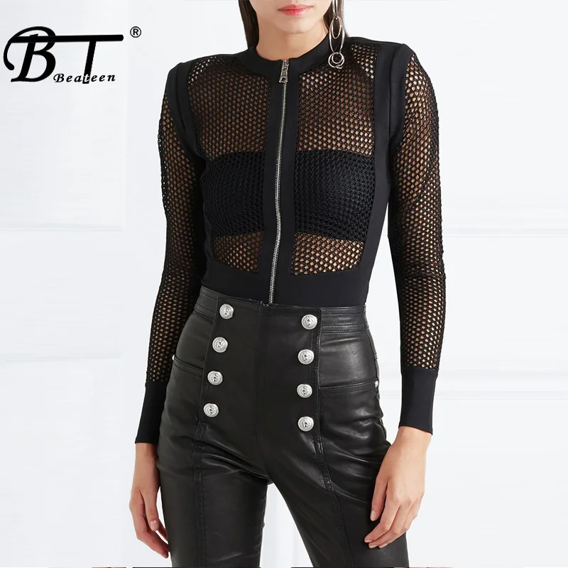 Beateen 2018 New Hollow Out Sexy O Neck Full Sleeve Romper Fashion Solid Zipper Mesh Fishing Net Bodycon Women Bandage Bodysuits | Женская