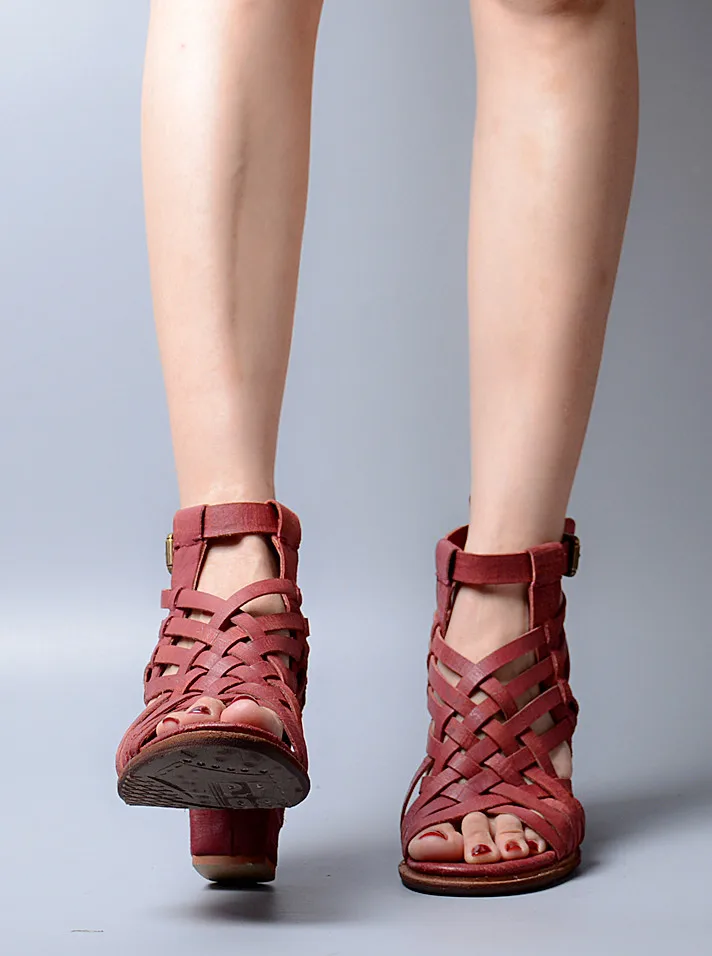 Prova Perfetto полная кожа узкая полоса вязание женские сандалии открытый носок толстый высокий каблук Римский стиль Летняя обувь