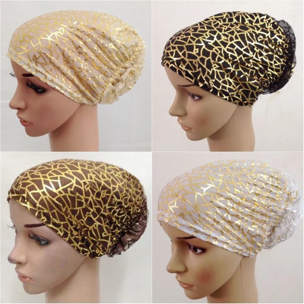 

New Style Lurex Flower Muslim Full Covered Caps Gauze Hijab Islamic Hat Scarf