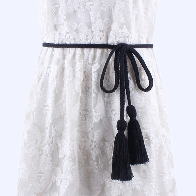 Модные женские кисточкой плетеный пояс cкручивание плетение волос Twist weaving вязаный пояс украшенный веревкой для платьев рубашка коричневый черный хлопок - Цвет: Black