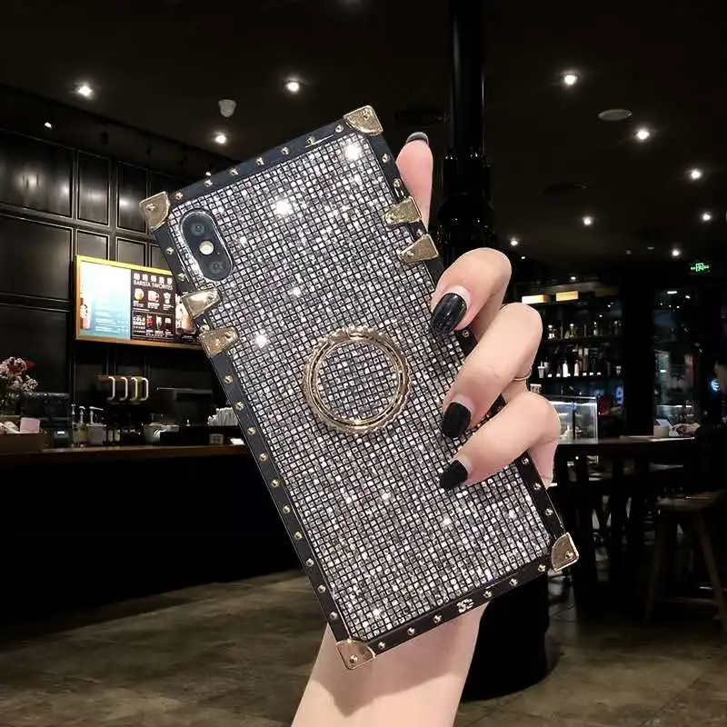 Модный Роскошный квадратный блестящий чехол с алмазным кольцом для iPhone X, XR, Xs, Max, 6 S, 7, 8 Plus, американский тренд, мягкий силиконовый чехол для samsung S8