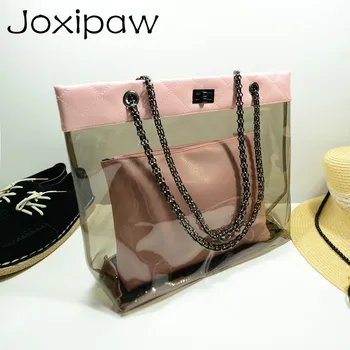 

Joxipaw New summer Korean chain single Shoulder Bag big Handbag fashion picture bags women jelly crystal Transparent Beach bag
