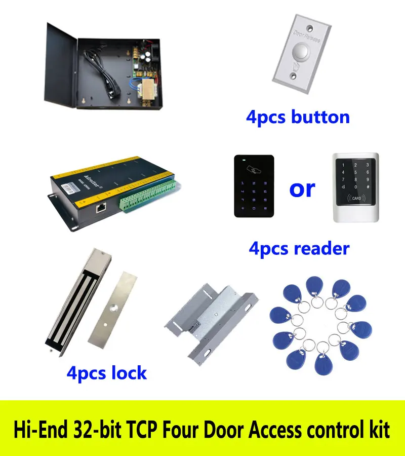 

Hi-end access control kit,TCP four door+power+280kg magnetic lock+ZL-bracket+ID touch keypad reader+button+10 ID tag,kit-AT408