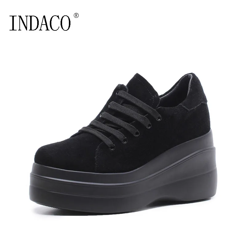 

Platform Wedge Women Leather Sneakers Round Toe 8cm Women Black Cuasual Shoes Zapatos Mujer Plataforma