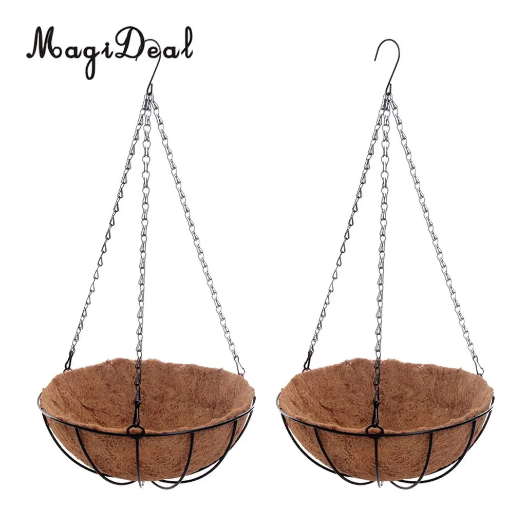 2pcs Hanging Coconut Basket Planter Flower Pot Black Metal Frame Hanger 10''