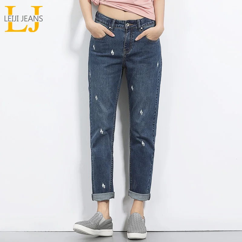 

2018 LEIJIJEANS Spring And Summer Plus Size Lightening Printed Mid Waist Full Length Fashion Loose Denim Boyfriend Women Jeans
