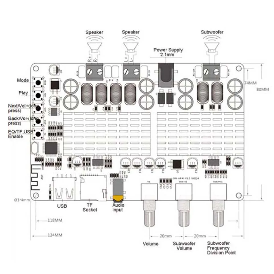 DC 12 В 24 В TPA3116 50 Вт+ 50 Вт+ 100 Вт Bluetooth USB TF декодирование 2,1 канальный цифровой усилитель мощности поддержка MP3 FLAC C5-003