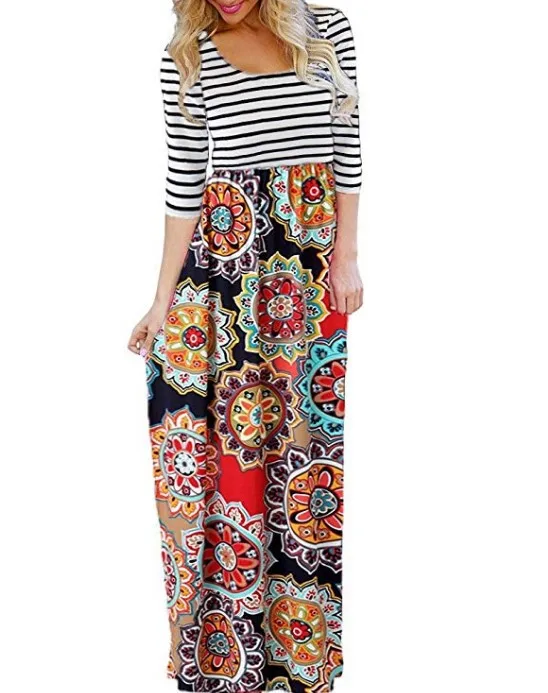 

2019 bohemian dress 2019 fashion striped patchwork print floral length women clothes elegant long sleeve o-neck womens dresses