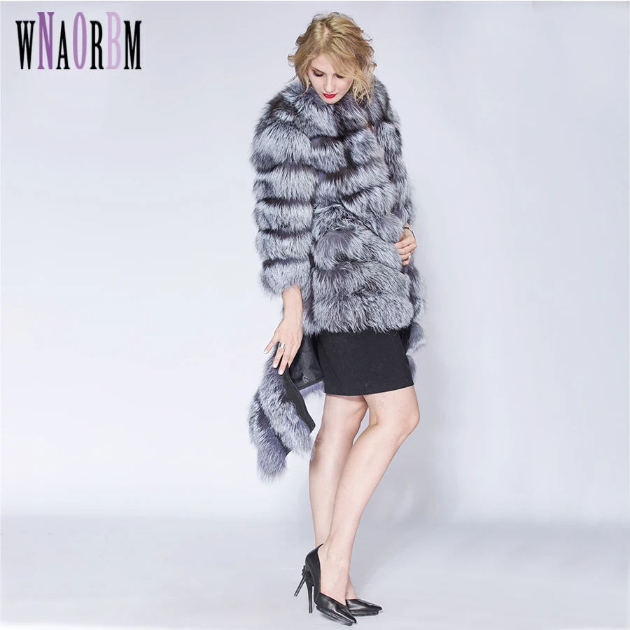 WNAORBM Winter Latest Fashion Women Silver Fox Fur Remove Coat  Three Quarter Sleeve Soild Fox Fur Coat  Warm Real Fur Coat women s real fur coat winter real fox fur jacket thick warm fashion whole pelt silver fox fur red fox fur coat size custom