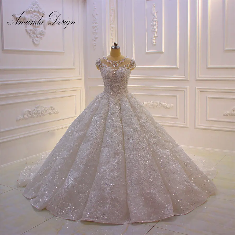 

Amanda Design Custom Made O-Neck Cap Sleeve Lace Appliques Pleat Wedding Dress