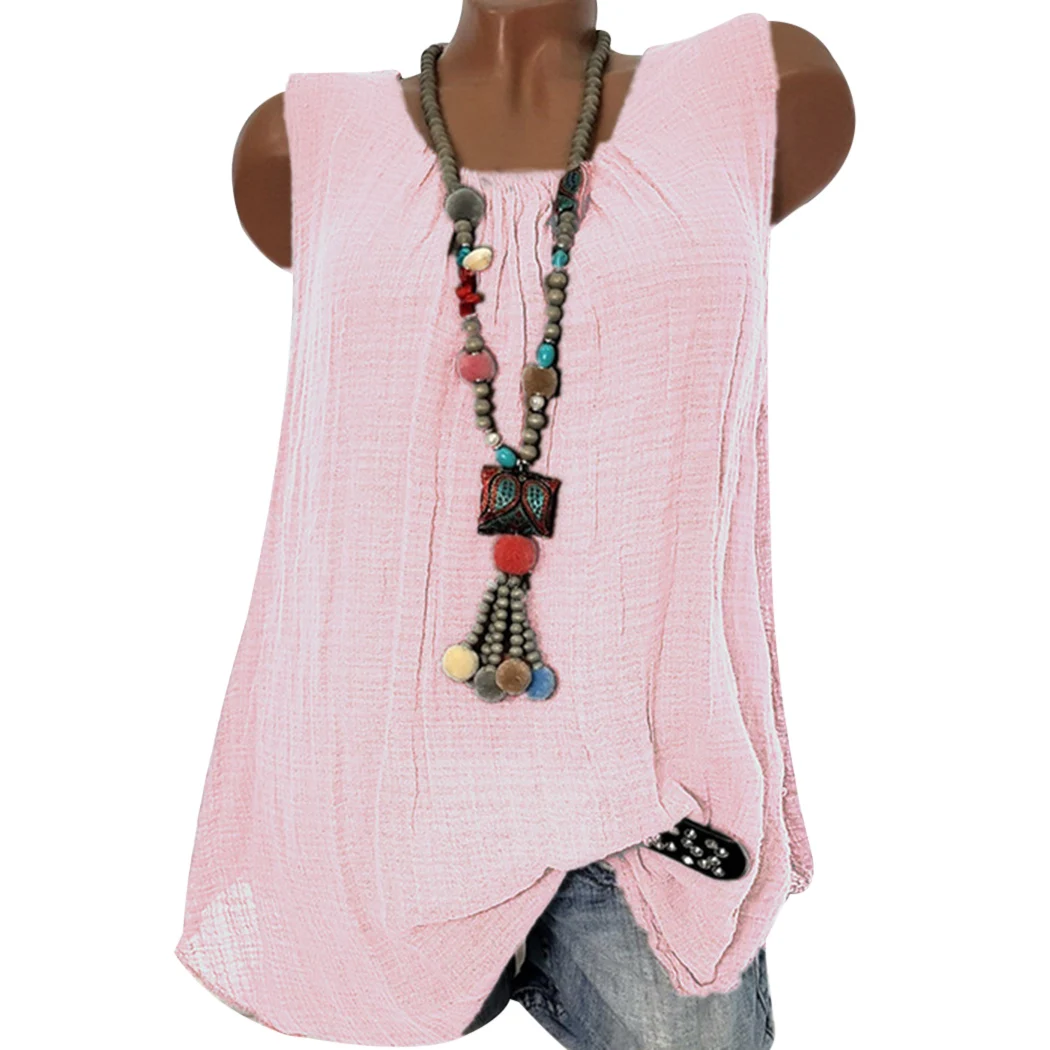 

Vintage Linen Cotton Baggy Blouse Shirts Women Tops Summer Plus Size O Neck Sleeveless Lace Ladies Loose Blusas Feminina 2018