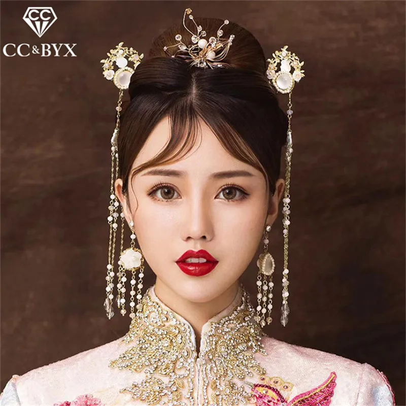 

CC wedding jewelry hairbands stud earrings chinese style for women 2pcs sets bridal engagement accessories luxury pageant XY330