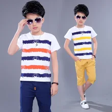 Детские комплекты для мальчиков, летняя новая детская футболка с короткими рукавами+ штаны, два комплекта, детский спортивный костюм, одежда для От 5 до 14 лет 10-12 лет