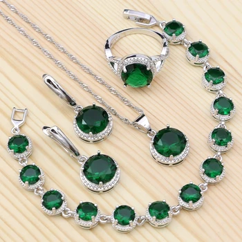 

Round Stone 925 Silver Bridal Jewelry Sets For Women Natural Green Cubic Zirconia Ring Bracelet Necklace Pendant Earrings