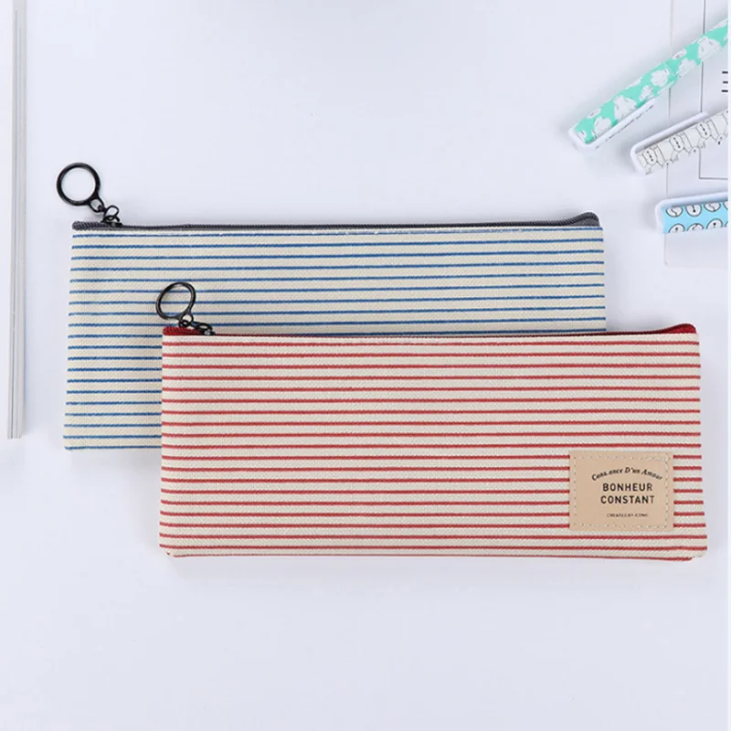 

Cute Smiple Canvas Pencil Case School Bag Kawaii Stripe Pencil Box Case For Girls Boys Bts Korean Stationery Office Supplies