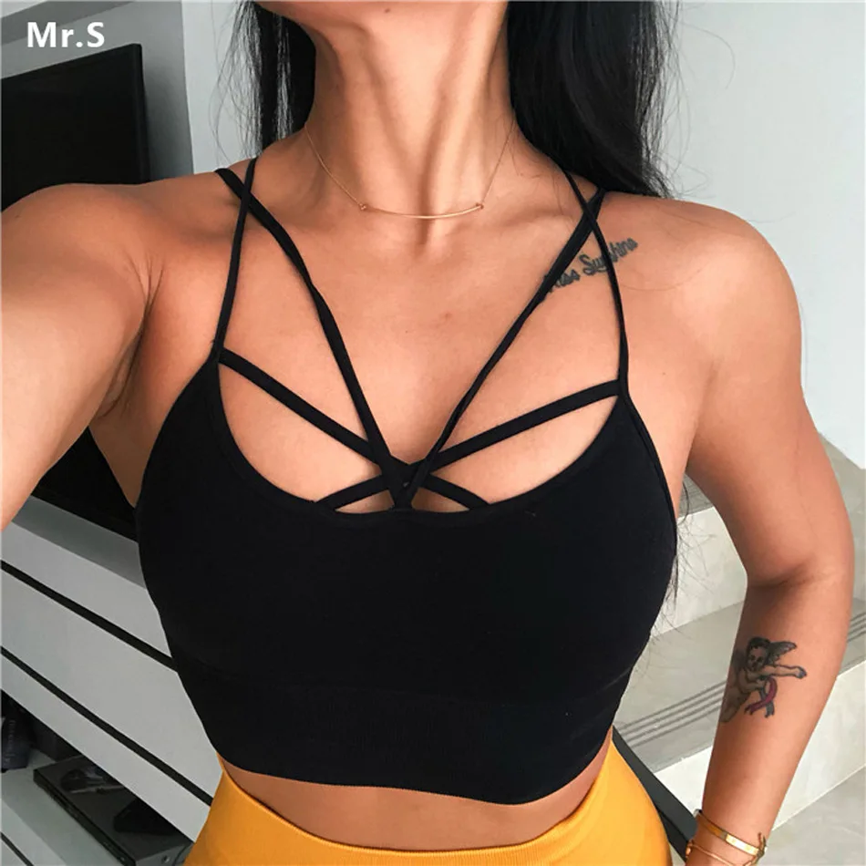 

Women's Black Split Strap Seamless Sports Bra Stretchy Running Crop Top Bra For Yoga Gym Workout Fitness Support Padded Bra