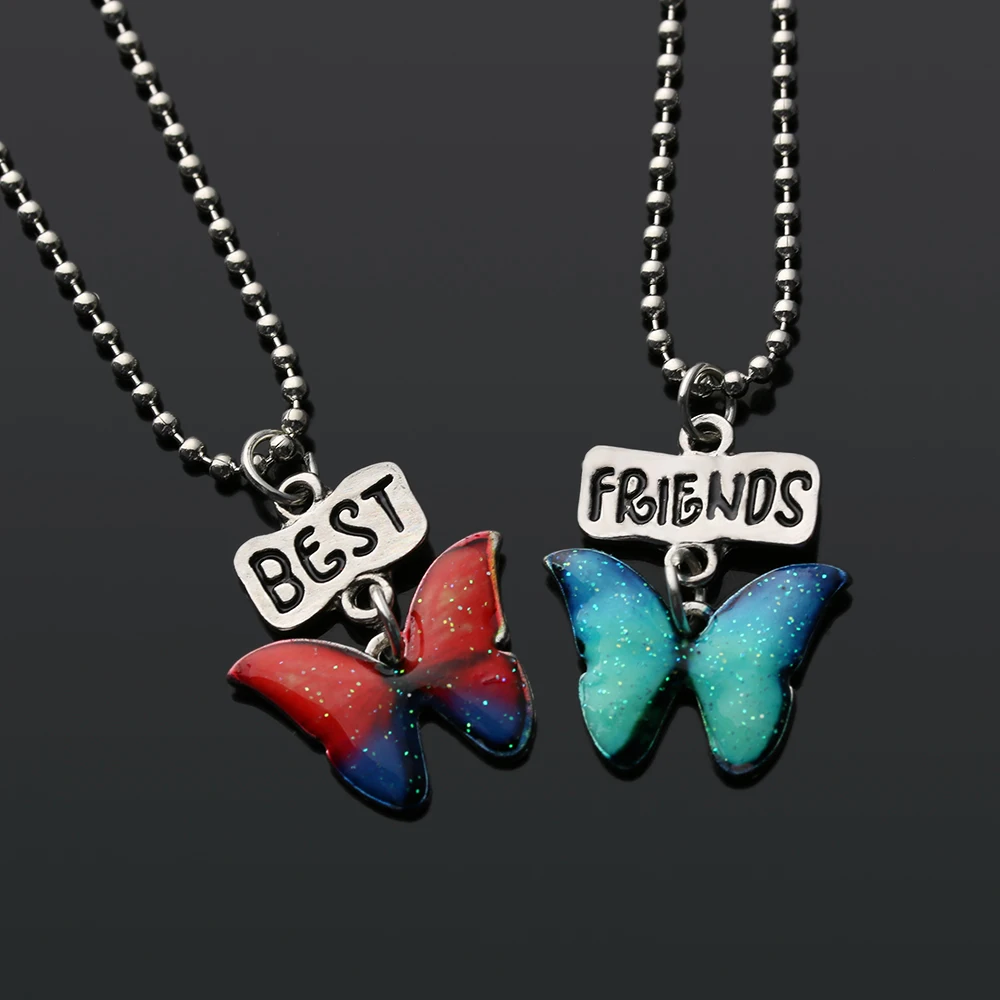 2PCS/Set Cute Best Friend Necklace Silver Tone Chain Butterfly
