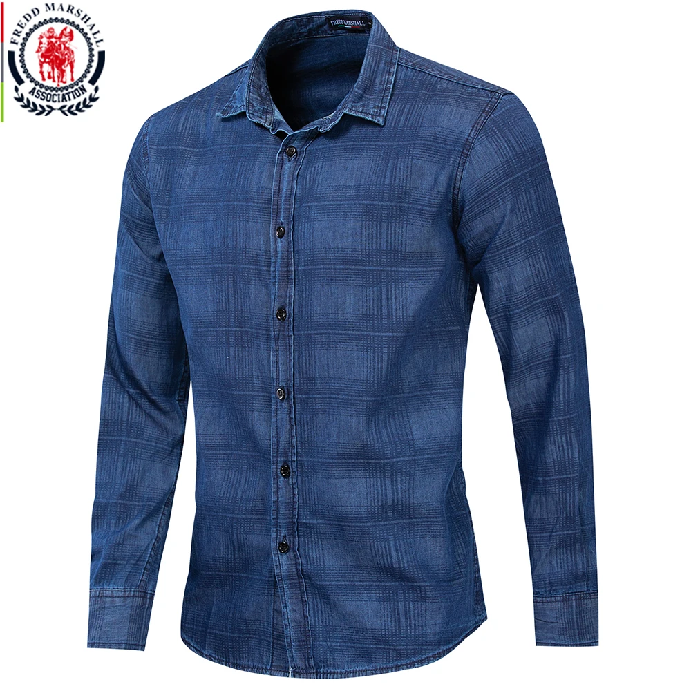 

Fredd Marshall New 100% Cotton Fashion Denim Shirt Men Plaid Shirt Long Sleeve Slim Fit Casual Shirts Male Brand Clothing 203