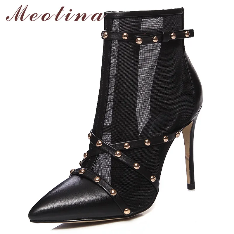 

Meotina Autumn Ankle Boots Women Natural Genuine Leather Zipper Thin Heels Short Boots Rivets Extreme High Heel Shoes Lady 34-39