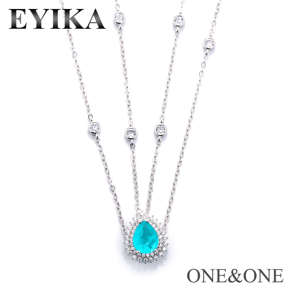 

EYIKA newest Fusion Big Crystal Stone+Small Zircon Double chain style Necklace Water drop14x16mm Women Jewelry