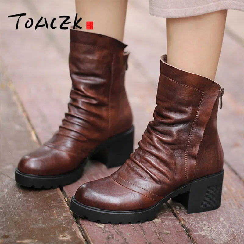 

Winter new vintage leather literary round head velvet top layer pigskin thick with the tube boots women