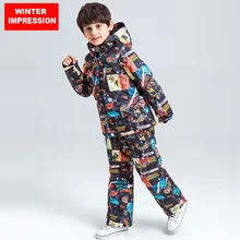 Зимние впечатление для девочек, детский лыжный комплект ветрозащитная водонепроницаемая, Лыжный спорт куртка брюки для отдыха на природе, профессиональный Мальчик Дети стиль комплект