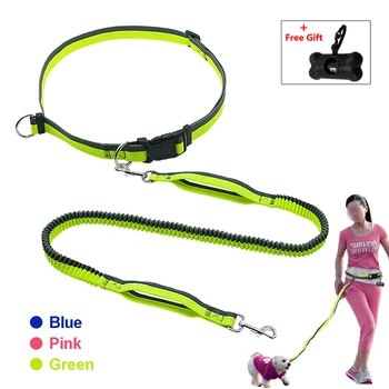 

Hands Free Bungee Dog Leash Nylon Adjustable Waist Belt Dual Handle Pet Leads with Garbage Bag Running Walking Jogging Leash