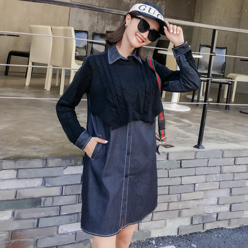 

Wholesale 2019 autumn winter fashion pregnant women turn-down collar nursing dress knitted patchwork denim breastfeeding dresses