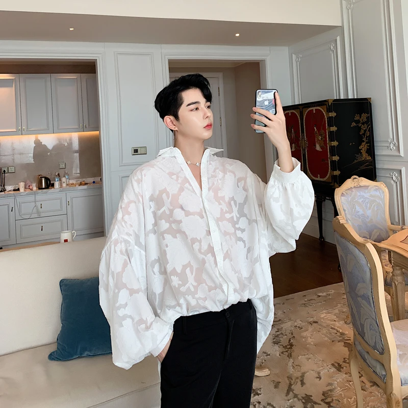 

MIXCUBIC 2019 spring summer British style unique Sexy chiffon lace shirts men casual loose chiffon lace shirts for men