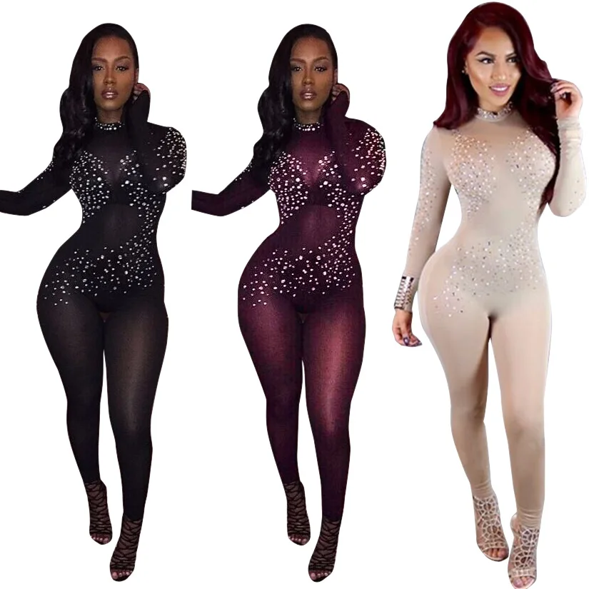 Europe and the United States women's new sexy net yarn club suit chest gold ornament off-the-shoulder long-sleeved jumpsuits