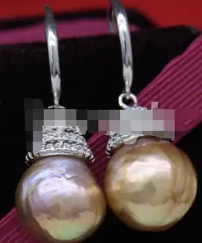 

noble jewelry 13-14MM white BAROQUE KESHI REBORN PEARL stud EARRING 9k gold