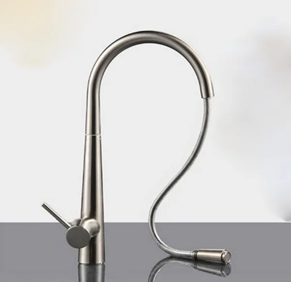 Free shipping brushed Nickel Kitchen Faucet Pull Out Single Handle Swivel Spout Vessel brass Sink Mixer Tap KF081