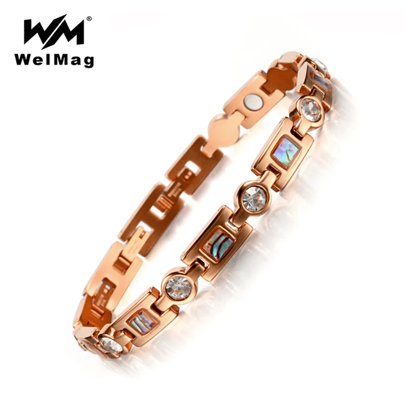 

WelMag Magnetic Bracelet Stainless Steel Bracelet for Women Charm Bangle Crystal Wristband 3 Smart Buckles Rose Gold
