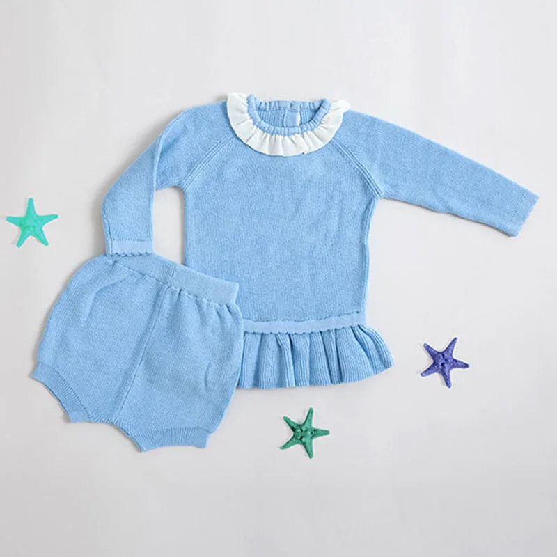 Baby knitting Clothing Sets Two Girls Suit Knit 0-2 Year Cotton Baby Long Sleeve Blouse+ Lotus Leaf Shorts Baby Clothing Set - Цвет: B91S04 Sky Blue