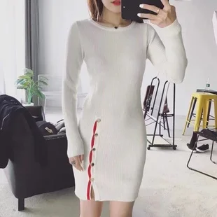 

white knitted long sleeve dress women spring autumn winter bodycon wrap pencil knit short mini dress 2019
