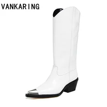 VANKARING/Классические брендовые Дизайнерские Сапоги женские кожаные сапоги до колена на высоком каблуке; Цвет черный, белый; Женская осенне-зимняя обувь на платформе