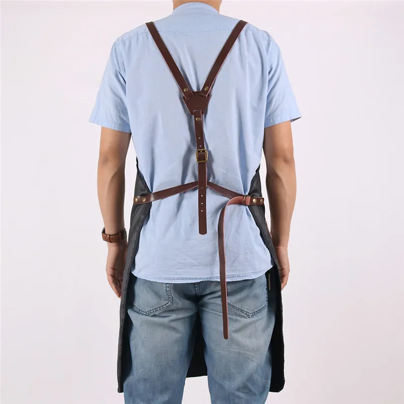 WEEYI Hair Salon Aprons Black Waterproof Cotton Leather Cross Back Barber Uniform Apron For Men Women Hairdresser Apron delantal